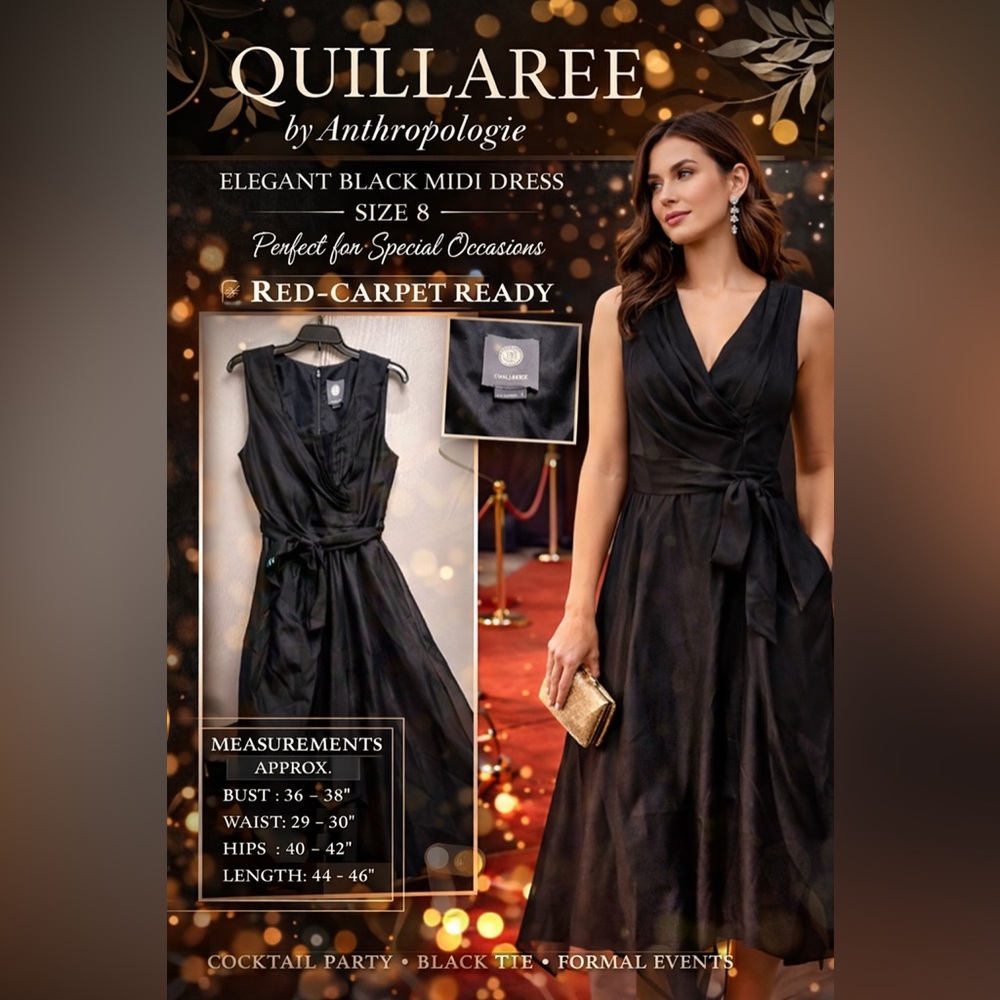 Anthropologie Black Luxury Midi Dress Size 8 Tie Waist Cocktail Party Quillaree - Picture 3 of 9